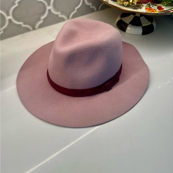 Sole Society Blush Pink Felt Fedora Hat w/ Wine Ribbon | Adjustable Wide Brim main image 6